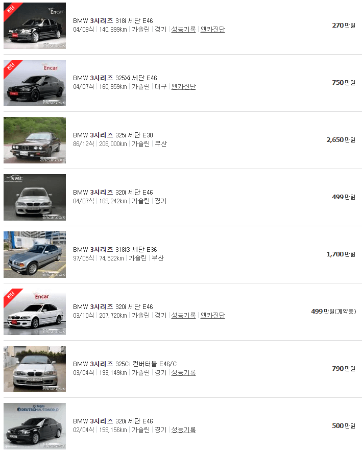 BMW 3시리즈 중고차 가격