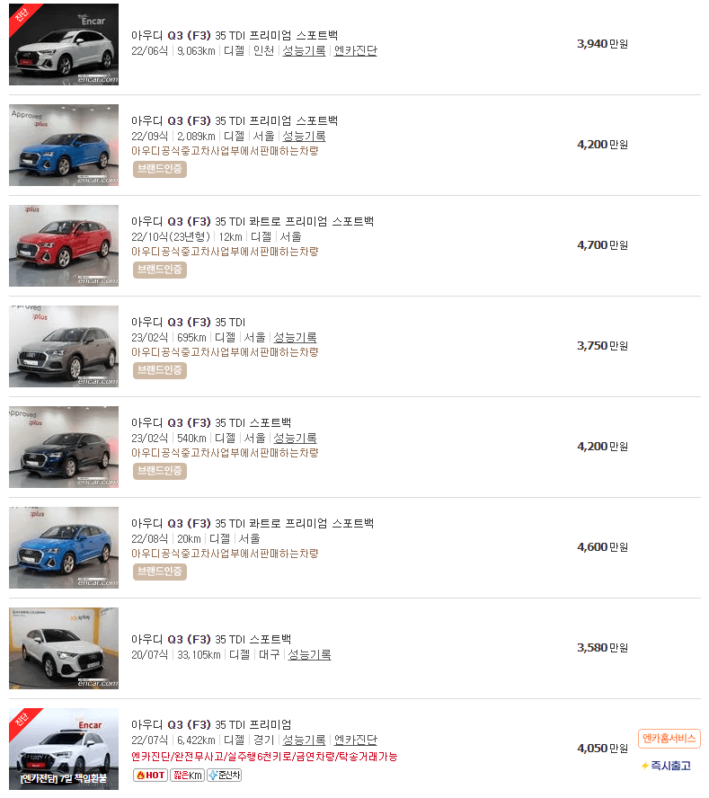 아우디 Q3 중고차 가격