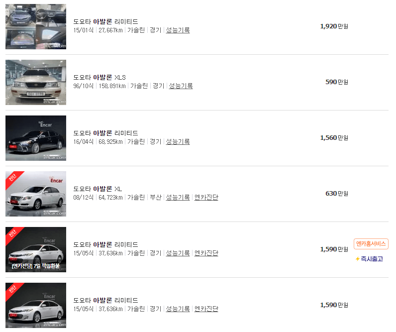 토요타 아발론 중고차 가격