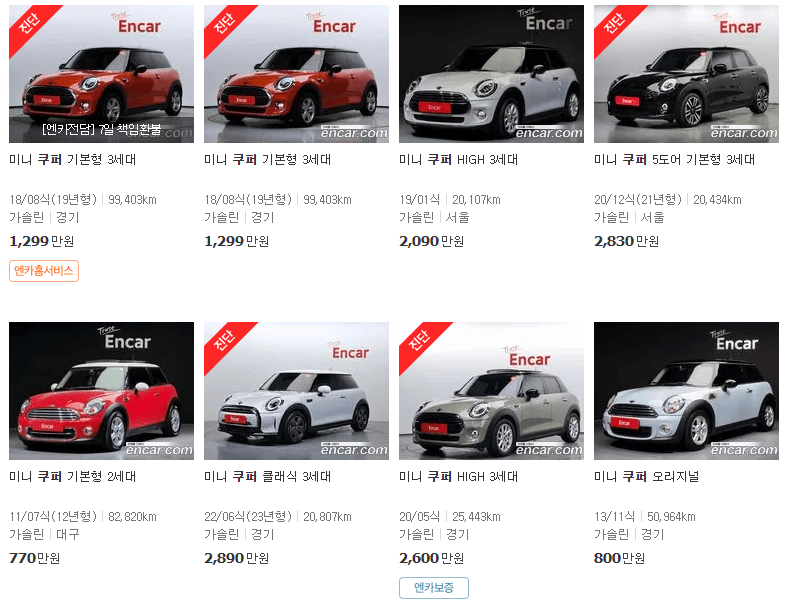 미니쿠퍼(01년~23년식) 중고차 가격