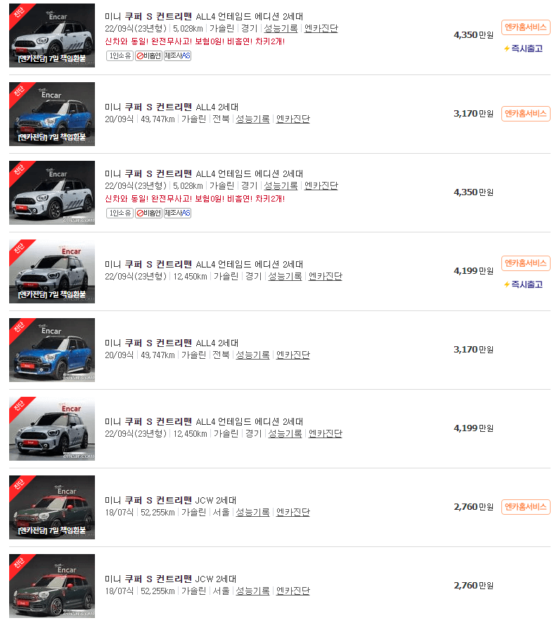 미니쿠퍼 컨트리맨 중고차 가격
