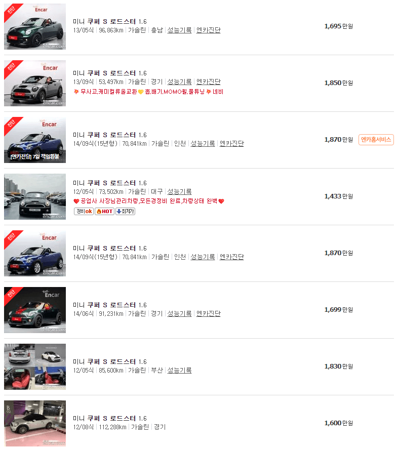 미니쿠퍼 로드스터 중고차 가격